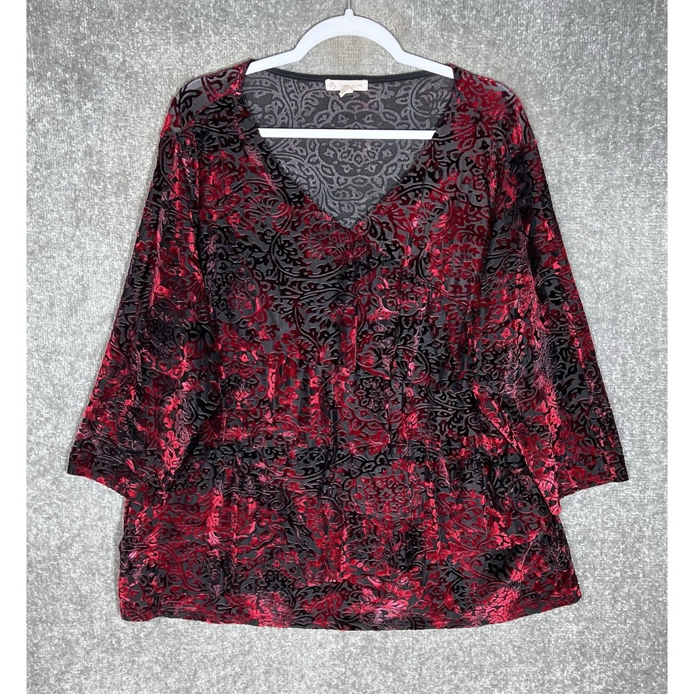 Dressbarn Velvet Burnout Whimsigoth Top Womens Size 3X Red Black Tiered Stretch